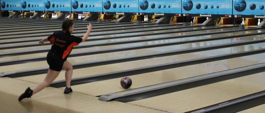 Freshman Lucia Conrad bowls during her match. The Vikes took on Perry Dec. 13.