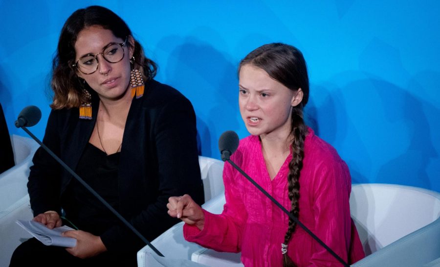 Climate activist Greta Thunberg, right, speaks at the United Nations Climate Change Conference on Sept. 23, 2019 in New York City. (Kay Nietfeld/DPA/Zuma Press/TNS/used with permission)