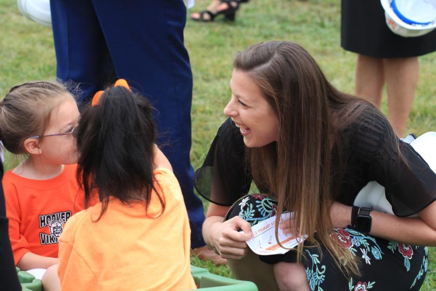 NCCS School Board Member Mrs. Jessica Stroia speaks with students at the PK-2 groundbreaking ceremony. The NCCS event took place Sept. 16. 