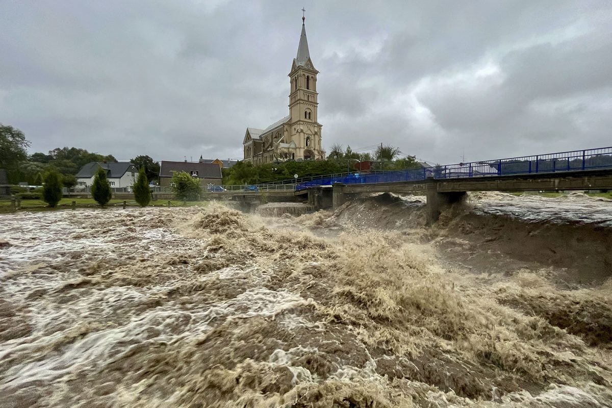 A torrent of water flows along the river Bela during heavy rain on Sept. 14, 2024, in Mikulovice, Czech Republic. There have been extreme weather and flood warnings as heavy rainfall sweeps the Czech Republic, Poland, Germany, Austria and Slovakia. (Gabriel Kuchta/Getty Images/TNS)