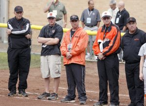  2012 Hoover soŌ ball coaching staff Mr. Jerry Goodpasture, Mr. AJ Sarbaugh, Mr. Kevin Yun, Mr. Dave Atwood and Mr. Scott Snyder observe the state semifinals against Medina. Fairless Middle School Dean of Students and high school varsity football coach Mr. Sarbaugh coached with Goodpasture from 2012-2014.