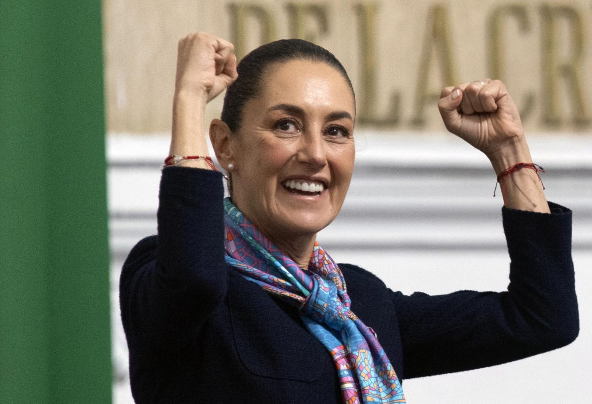 Mexico's President Claudia Sheinbaum gestures during the swearing-in 
ceremony of the new Mexico City mayor Clara Brugada (out of frame) 
in Mexico City on Oct. 5, 2024. Sheinbaum, who was set to visit the 
Manzanillo facility on Saturday, Nov. 23, 2024,insists her government 
has a plan to substitute many of its imports from China with goods 
made locally, both by Mexican and foreign companies.