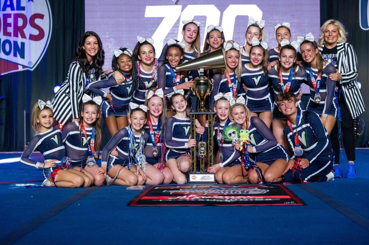 Cheerville Beetlejuice won first place with a score of 98.15 at The National Cheerleaders Association competition in Dallas, Texas. This was the team's first time they ever comped at this competition.