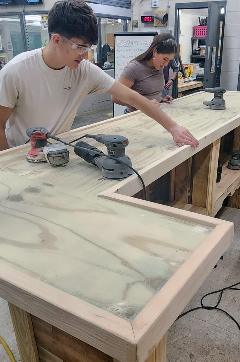 Hoover junior Gavin Mirocke and Lake senior Ellyana Estes work on 
the barbecue stand for construction. The construction classes have 
accomplished many projects, including a dog agility course, a barbecue 
stand and bookshelves. 