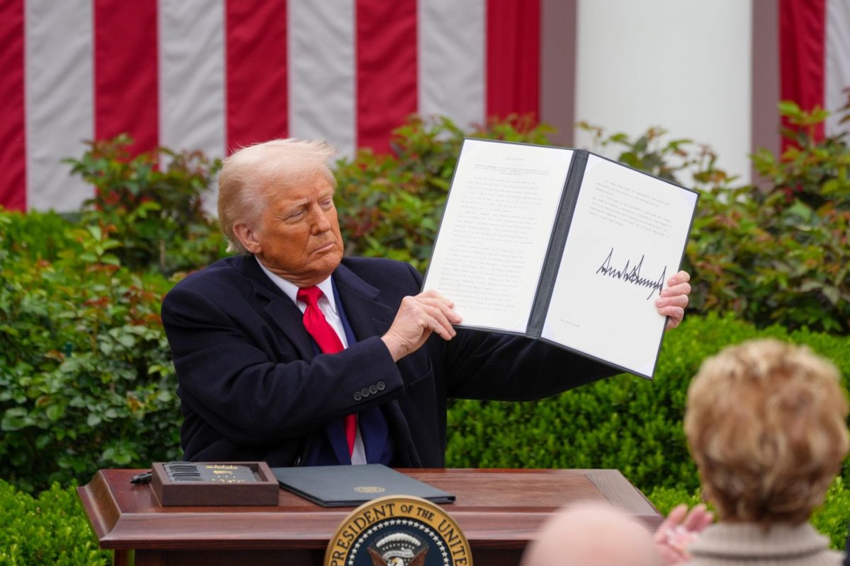 U.S. President Donald Trump signs two executive orders that will lead to reciprocal tariffs against other countries that charge tariffs on U.S. goods, in the Rose Garden of the White House. Trump announced a round of sweeping “reciprocal tariffs” on countries around the world.