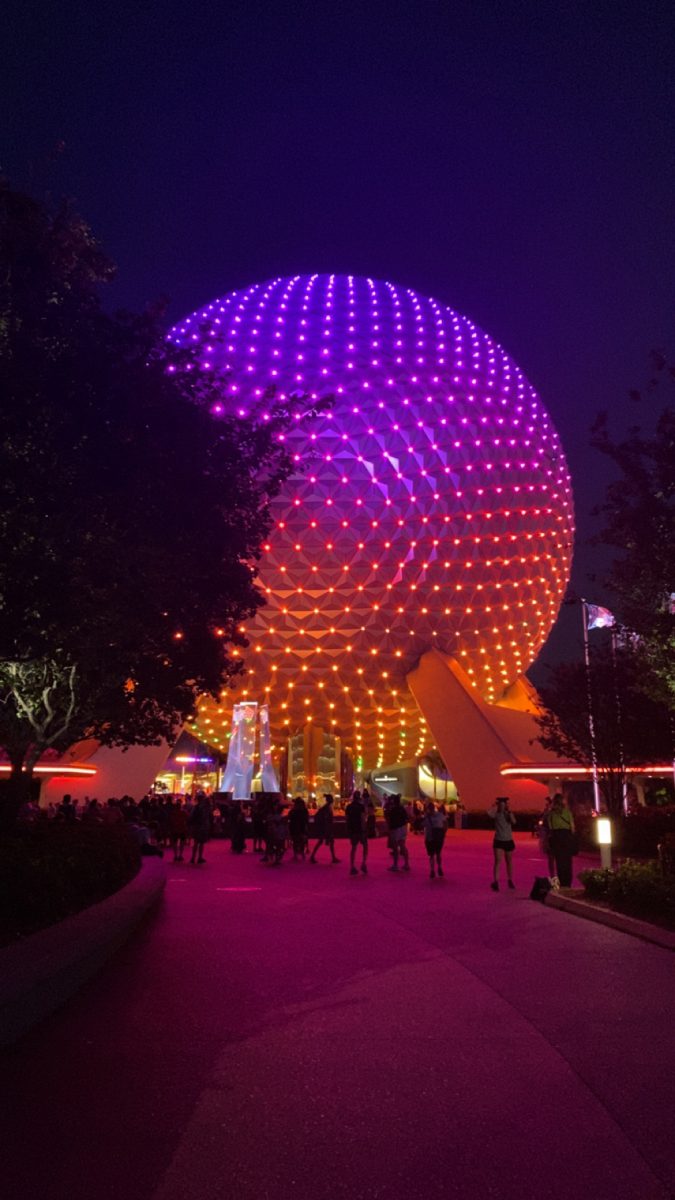 The Epcot Ball sparkles during its end of day firework show.