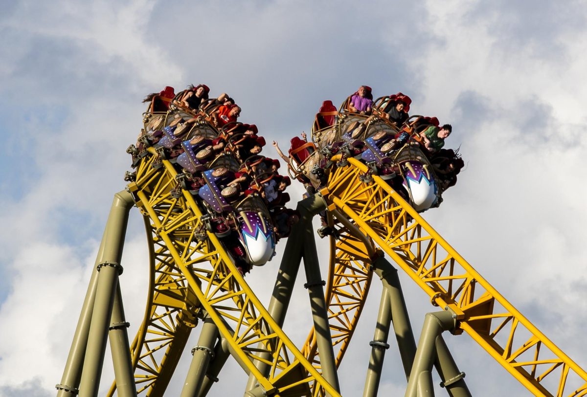 Guests ride Stardust Racers, a new dueling roller coaster ride in Celestial Park during a preview day for Universal 
Epic Universe on April 5, 2025. Orlando, Florida’s first new theme park in a generation is set to open to the public 
on May 22.