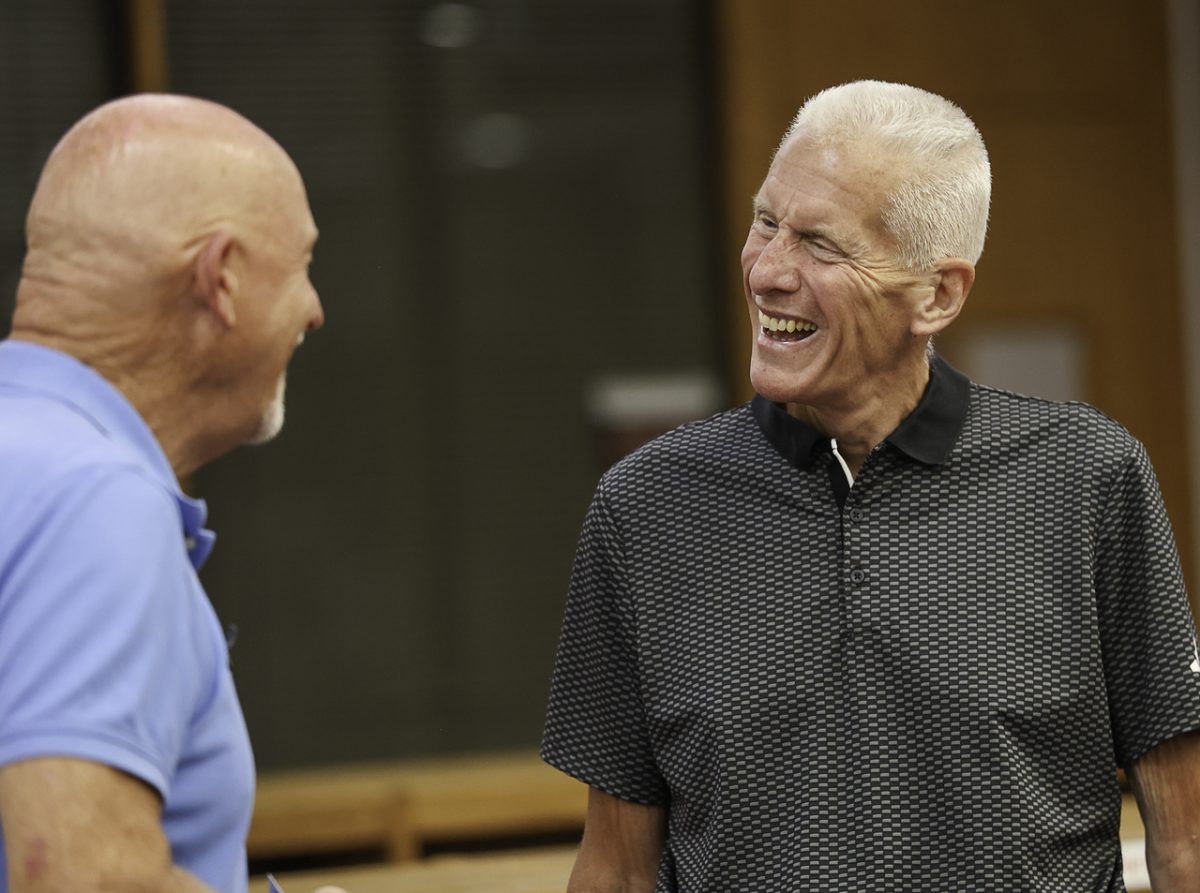 Mr. Jeff Wendorf smiles and laughs with North Canton's previous Mayor, Mr. Wilder.