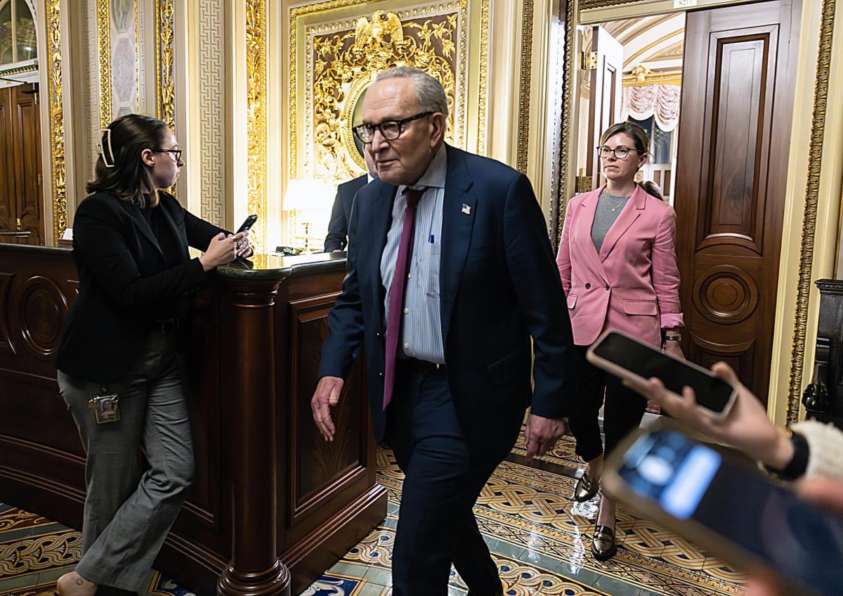 Senate Majority Leader Chuck Schumer (D-NY)  departs from a Democratic caucus meeting on Capitol  Hill on Nov. 9, 2025, in Washington, DC. The Senate 
convened for a rare Sunday session in an attempt to  end the government shutdown. Anna Rose Layden/ Getty Images/TNS/used with permission